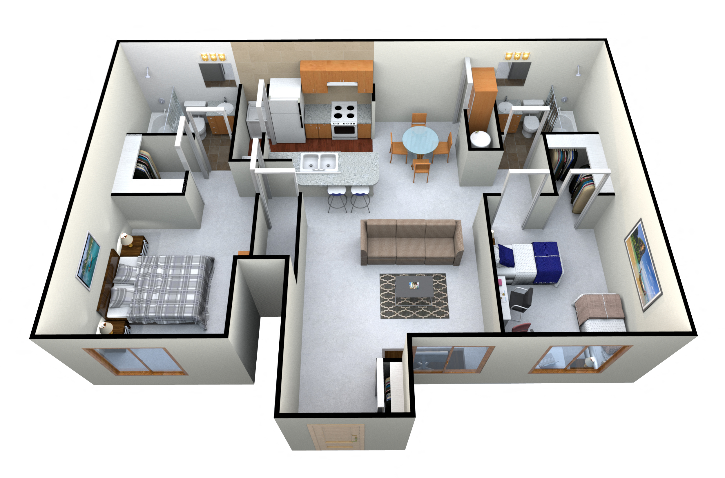 Floor plan for 2 beds, 2 baths, 957 sqft